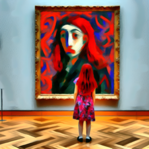 draw a museum scene with a red haired girl bofore an painting from jackson polock