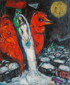 Marc Chagall, Liebespaar mit rotem Hahn, 1956-1965, Les amoureux au coq rouge, Öl, Gouache, Tempera und Tinte auf Leinwand, 81 x 66 cm, Privatsammlung Deutschland, Courtesy Samuelis Baumgarte Galerie, © VG Bild-Kunst Bonn 2024